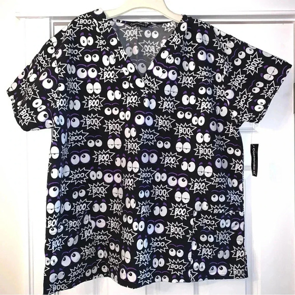 NWT Cassandra O Scrub Top Plus Size 2X Halloween Print Boo Ghost Scrubs Nurse - Picture 1 of 5